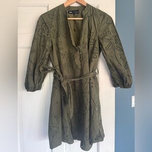 Zara Olive Eyelet Dress with Tie Waist
